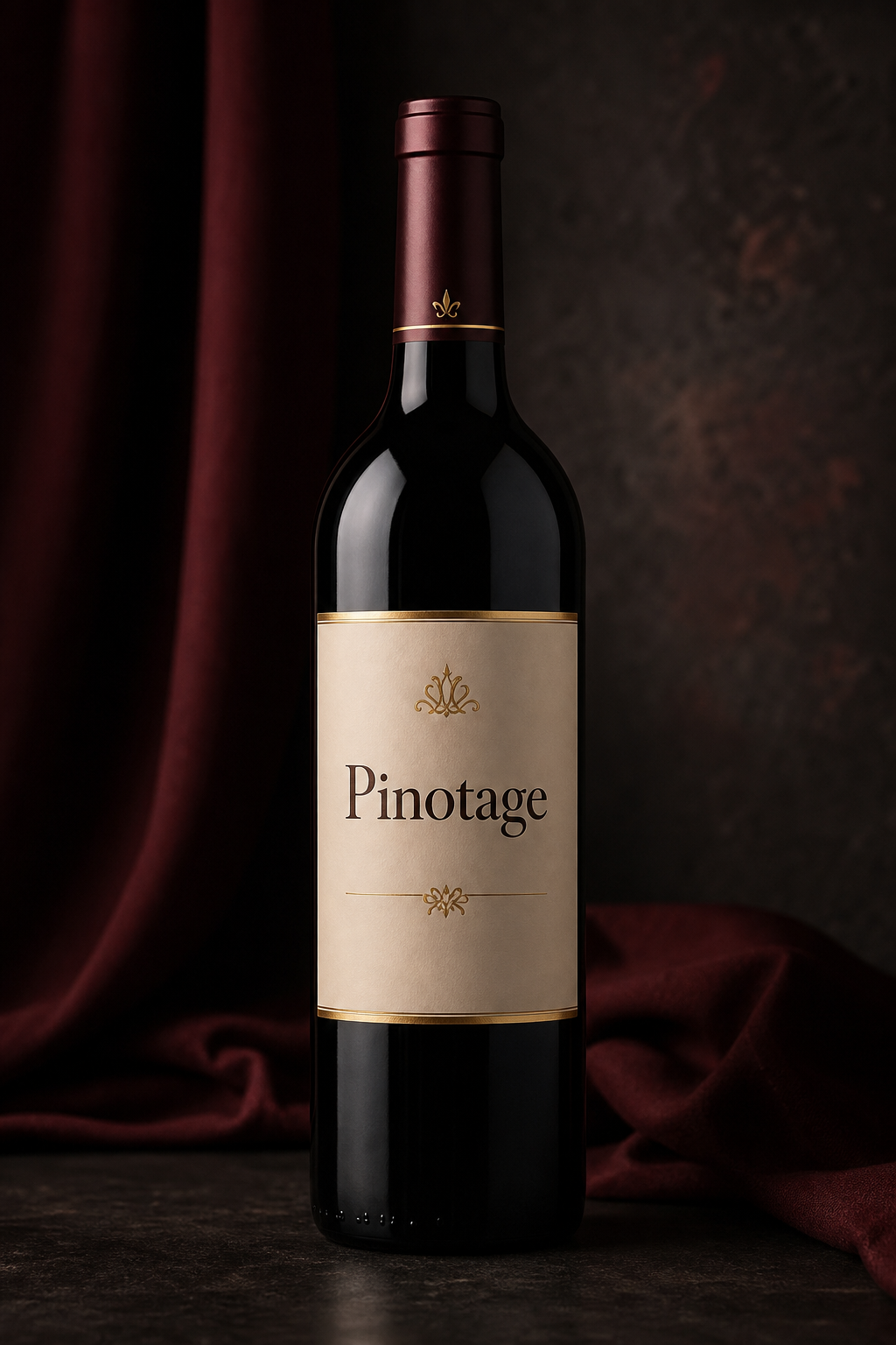 Premium Pinotage bottle with cream label and gold accents on a dark studio background.